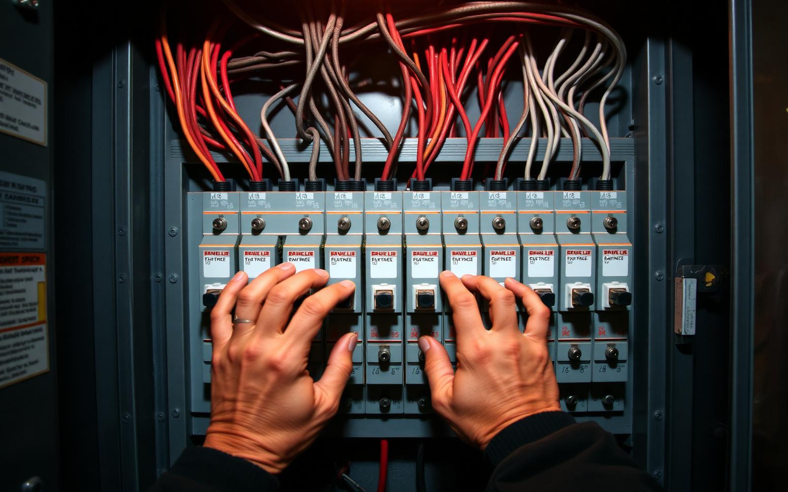 Eletricista a identificar disjuntores num quadro elétrico